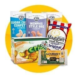snacks category image with bags of snack nuts and popcorn shown