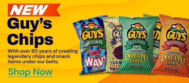 Guy's Chips show with several of Guy's Chip Bag Flavors