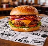 Burger sitting on Burger Print Paper Wrap