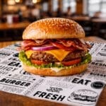 Burger sitting on Burger Print Paper Wrap