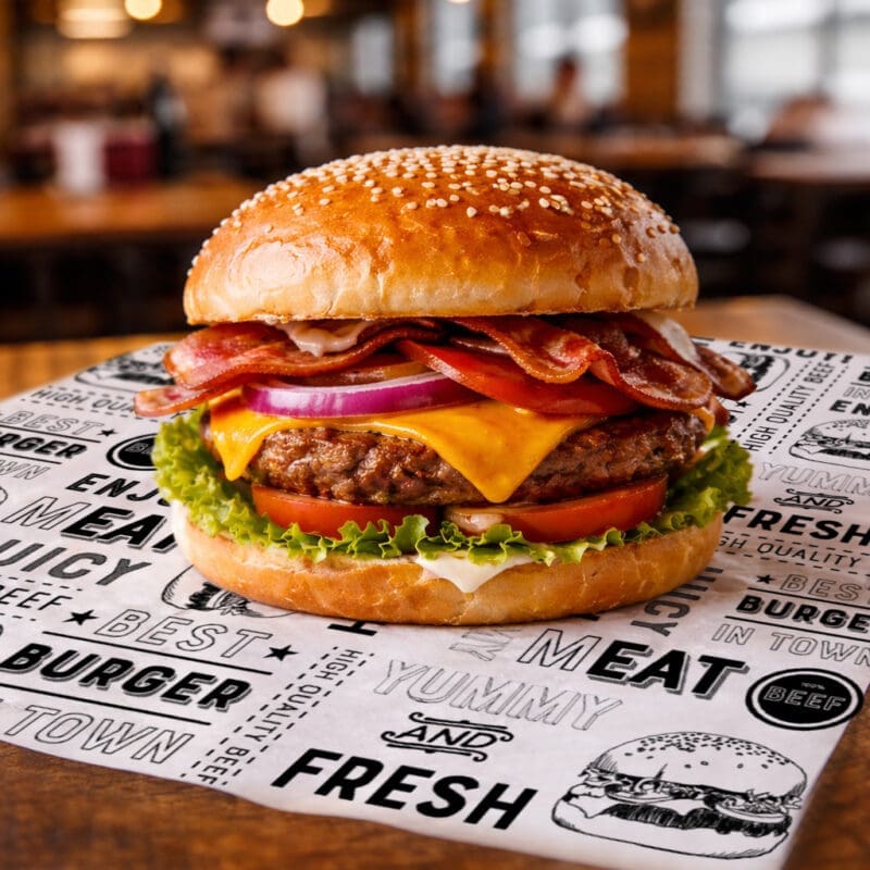 Burger sitting on Burger Print Paper Wrap