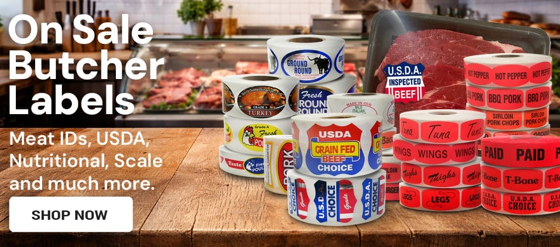 Butcher Labels on sale. meat labels on a cutting board in a butcher shop