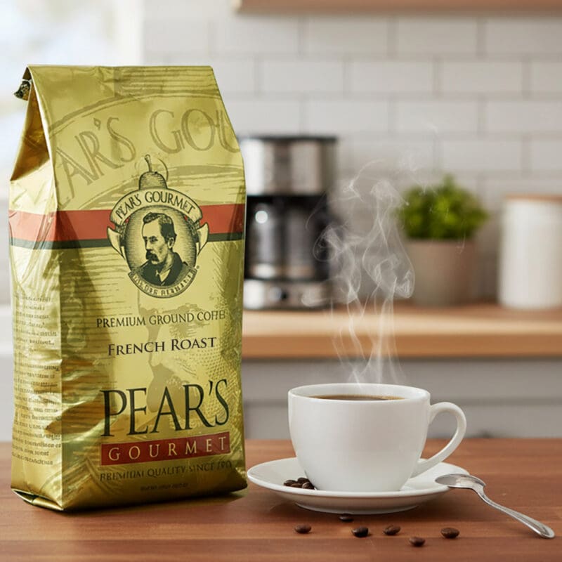 Pear's Coffee French Roast 24oz next to a cup of coffee