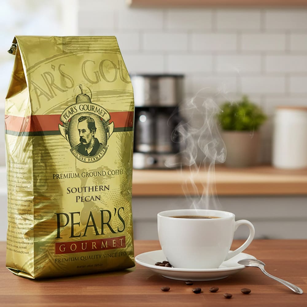 Pear's Coffee Southern Pecan 24oz next to a cup of coffee