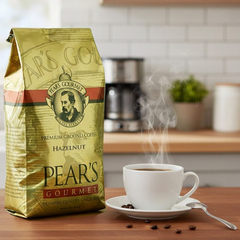 Pear's Coffee Hazelnut 24oz next to a cup of coffee