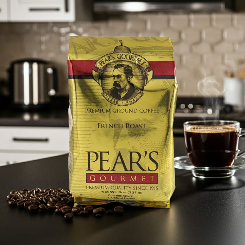 Pears Coffee French Roast 8oz next to coffee