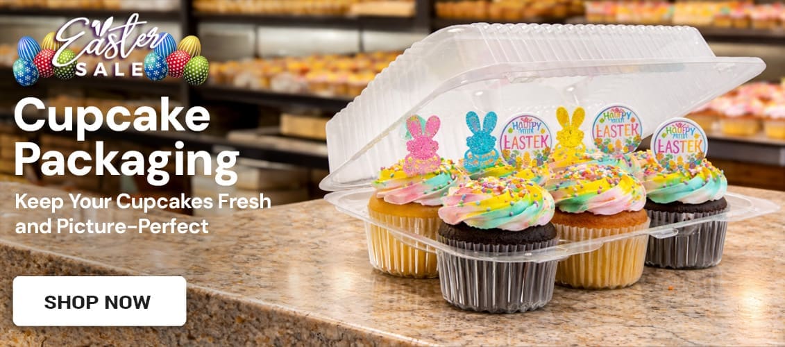 Easter Cupcake Packaging Sale Showing a cupcake on a bakery counter