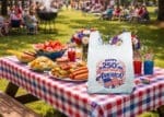 Happy 250th Birthday America Bag sitting on a picnic table during a 4th of July celebration