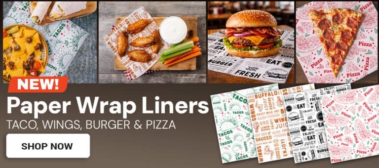 New Food Paper Wrap Liners with Taco, Wings, Burger and Pizza wraps being used