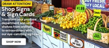 Shop Sign Cards. Signs shown in farmers market stand
