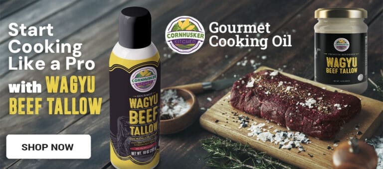 Waygu Cooking Oil in a Spray and and jar shown with beef