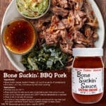 Bone Suckin Sauce Eastern Vinegar with Ingredients and Instructions shown with pork