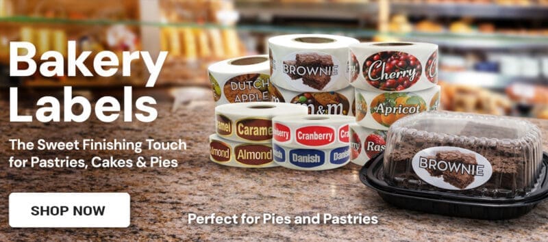 Bakery Labels Shown on a counter and container