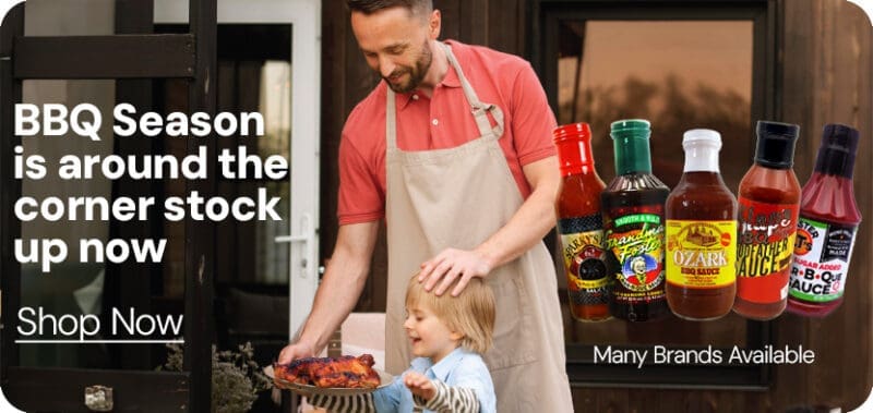 Barbecue Sauces with father and son carrying bbq chicken