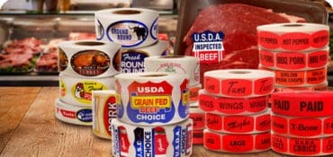 Meat labels on a butcher shop table