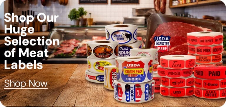 Meat labels on a butcher block in a butcher shop