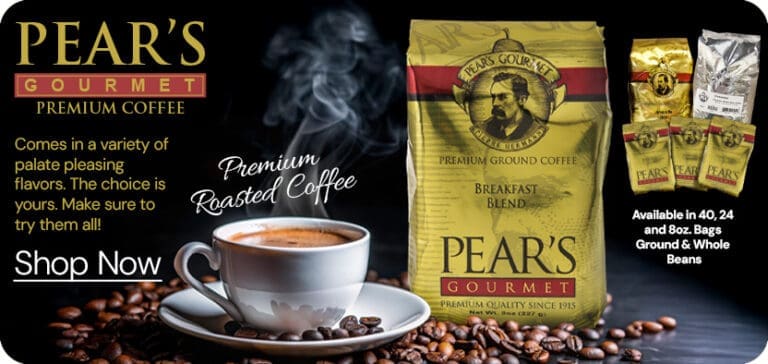 Pear's Coffee in whole bean and ground showing a steaming cup of coffee
