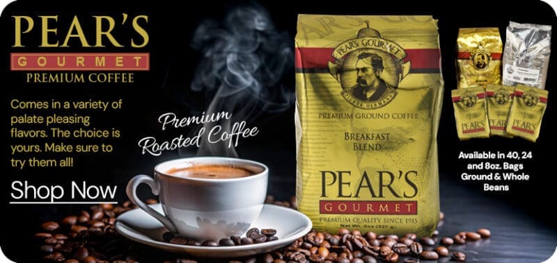 Pear's Coffee in whole bean and ground showing a steaming cup of coffee