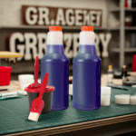 Blue inks and sign making brush set next to inks