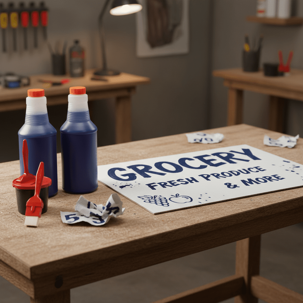 Sign Making inks Blue with brushes next to hand painted sign