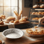 9 inch Medium Depth Foil Pie Pan in a bakery next to a pie