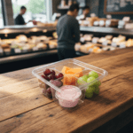 Square 4 Cell Take Out Container with inside fit lid clear on counter