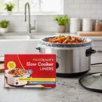 Slow Cooker Liner First Quality shown next to 3-8 Quart Slow Cookers