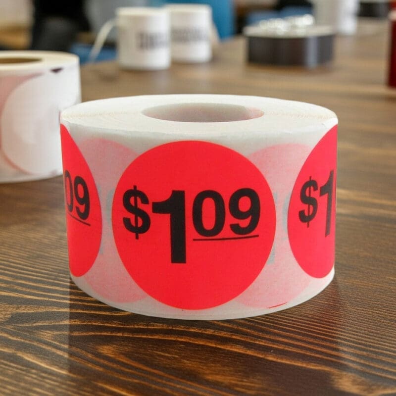 1 dollar and 9 cents Label Stickers Round Red with black print