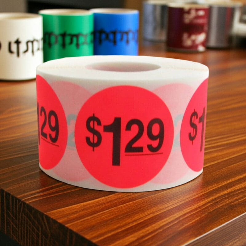 500016 1 dollar and 29 cents Label Stickers Round Red with black print 1 dollar and 29 cents Label Stickers Round Red with black print