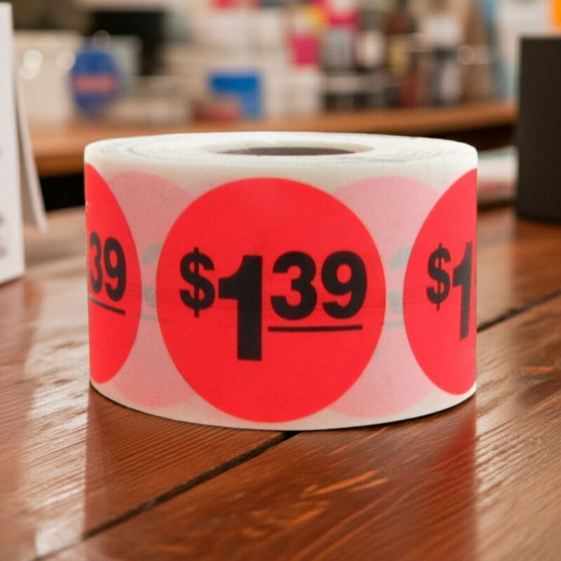 500017 1 dollar and 39 cents Label Stickers Round Red with black print 1 dollar and 39 cents Label Stickers Round Red with black print