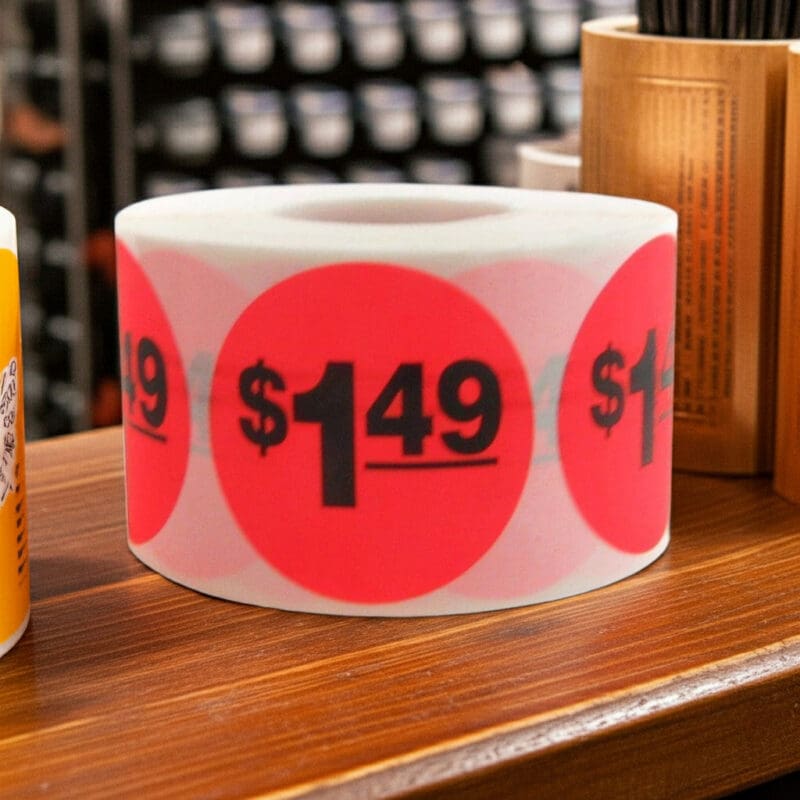 500019 1 dollar and 49 cents Label Stickers Round Red with black print 1 dollar and 49 cents Label Stickers Round Red with black print