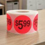 5 dollars and 99 cents Label Stickers Round Red with black print