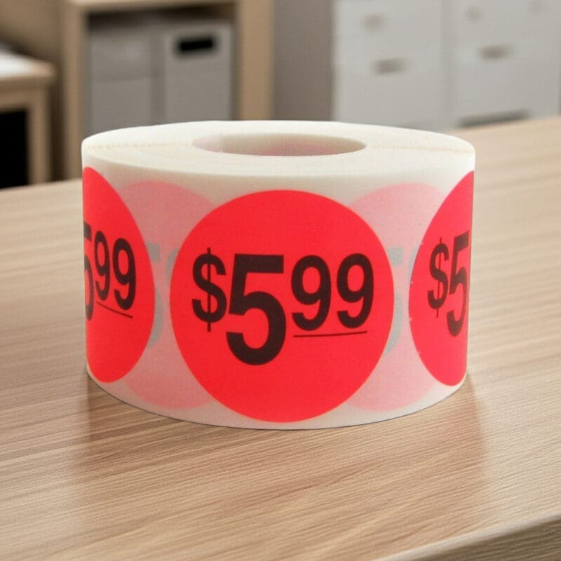 500059 5 dollars and 99 cents Label Stickers Round Red with black print 5 dollars and 99 cents Label Stickers Round Red with black print
