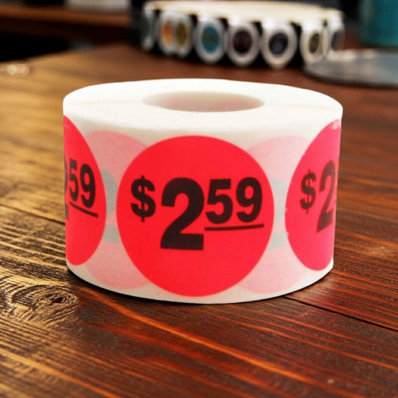 500215 2 dollars and 59 cents Label Stickers Round Red with black print 2 dollars and 59 cents Label Stickers Round Red with black print