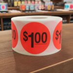 1 dollar Label Stickers Round Red with black print