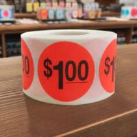 1 dollar Label Stickers Round Red with black print