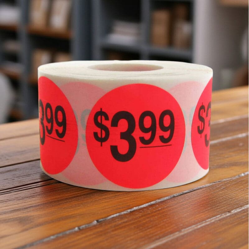3 dollars and 99 cents Label Stickers Round Red with black print