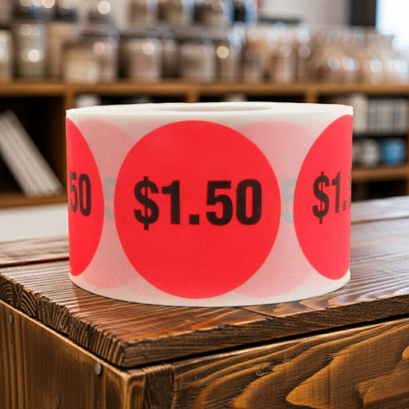 1 dollar and 50 cents Label Stickers Round Red with black print