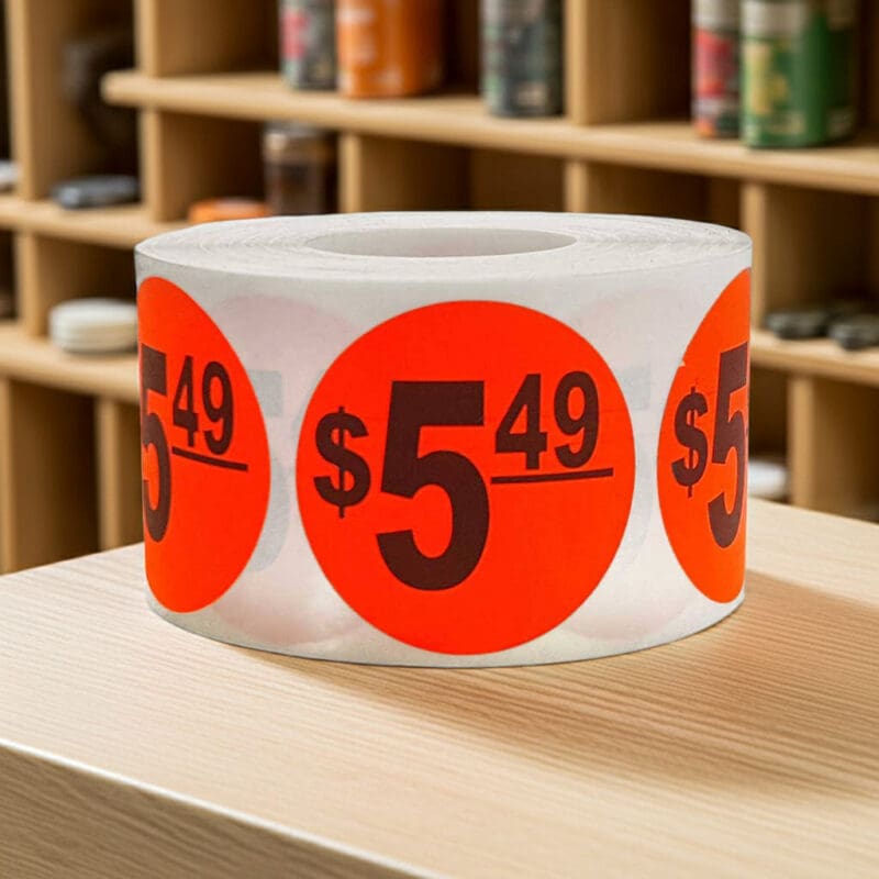 500836 5 dollars and 49 cents Label Stickers Round Red with black print 5 dollars and 49 cents Label Stickers Round Red with black print