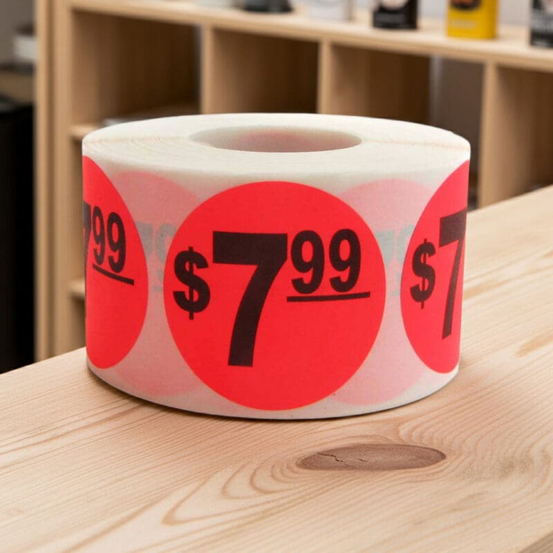 500837 7 dollars and 99 cents Label Stickers Round Red with black print 7 dollars and 99 cents Label Stickers Round Red with black print