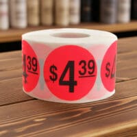 4 dollars and 39 cents Label Stickers Round Red with black print