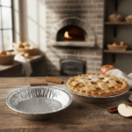 8 inch Deep Foil Pie Pan on wood table