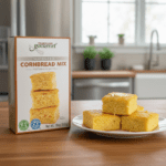 Heartland Gourmet Cornbread Mix Gluten Free next to plate of cornbread