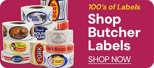 Shop Butcher Labels shown with rolls of meat stickers