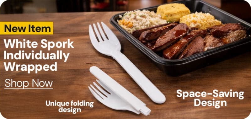 New Wholesale Spork folded and individually wrapped shown in use on table