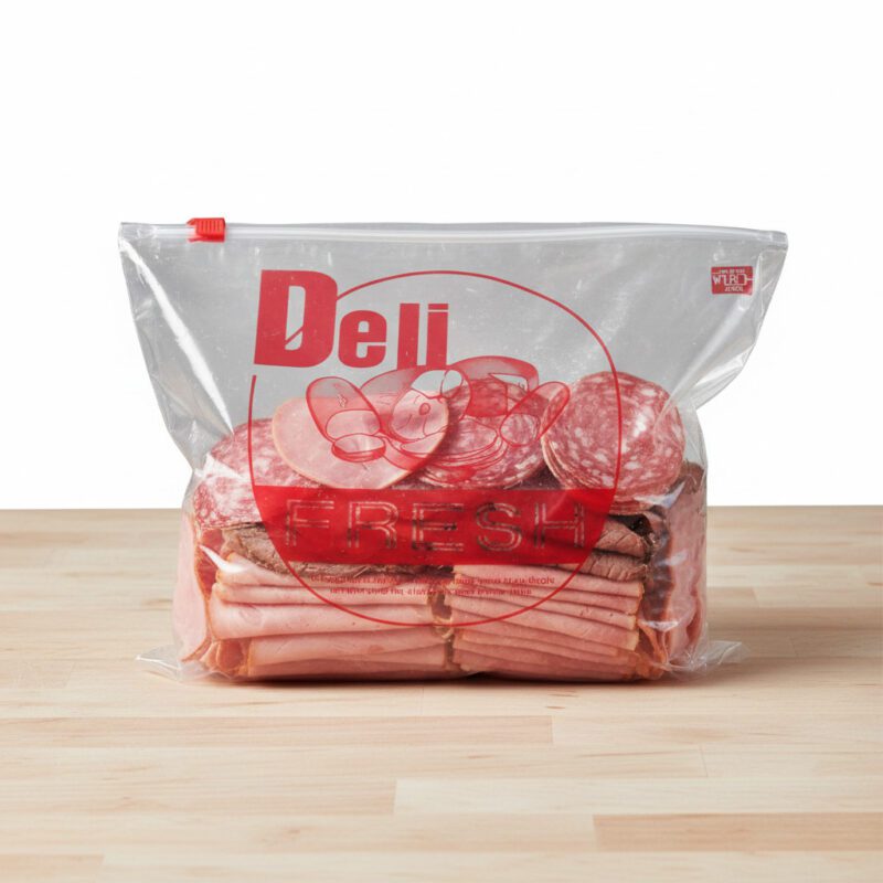 100422-Plastic-Slider-Deli-Bags-with-Deli-Fresh-Design Clear plastic slider deli bag 10x8 inch with red Deli Fresh print in a wholesale 1000 case pack
