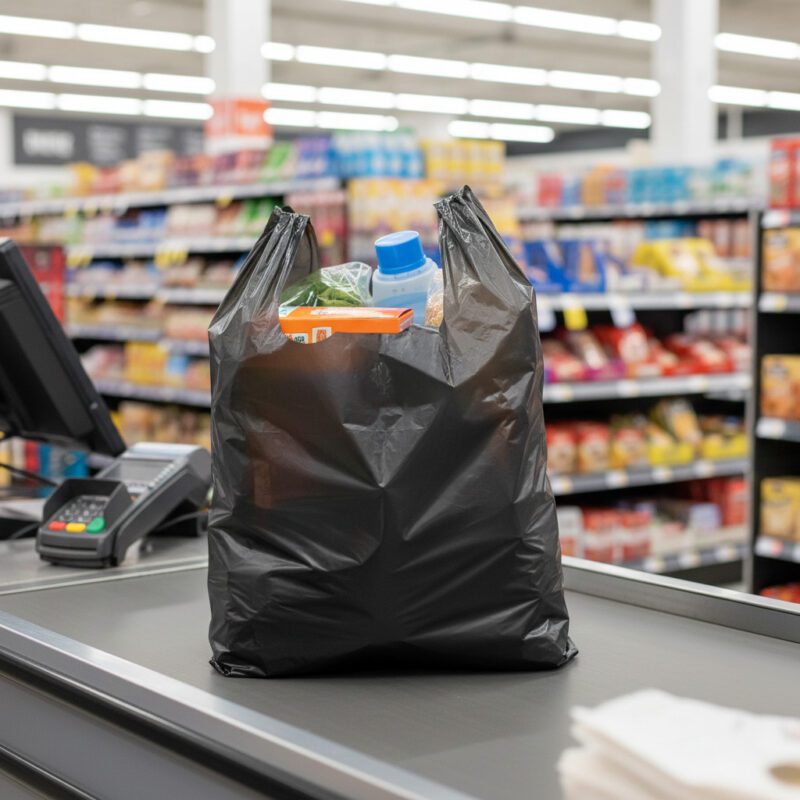 Black Plastic Carryout Bag shown with products inside