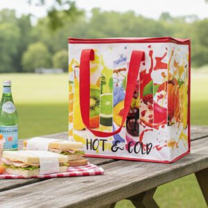 hold and cold insulated bag shown on a picnic table