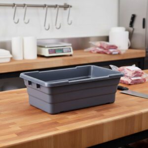 grey plastic lug sitting on butcher counter
