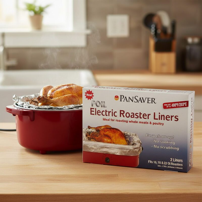 350283-Pansavers-Foil-Electric-Roaster-Liners_1 roaster liners for electric roasters in a retail box of 2 liners